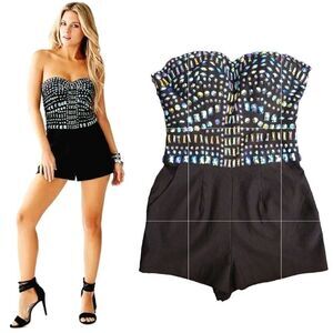 GUESS Black Jewel Embellished Strapless Stretch Romper Shorts Size 2